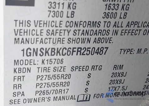 2015 Chevrolet Tahoe Lt z USA, uszkodzony, nr VIN 1GNSKBKC6FR250487